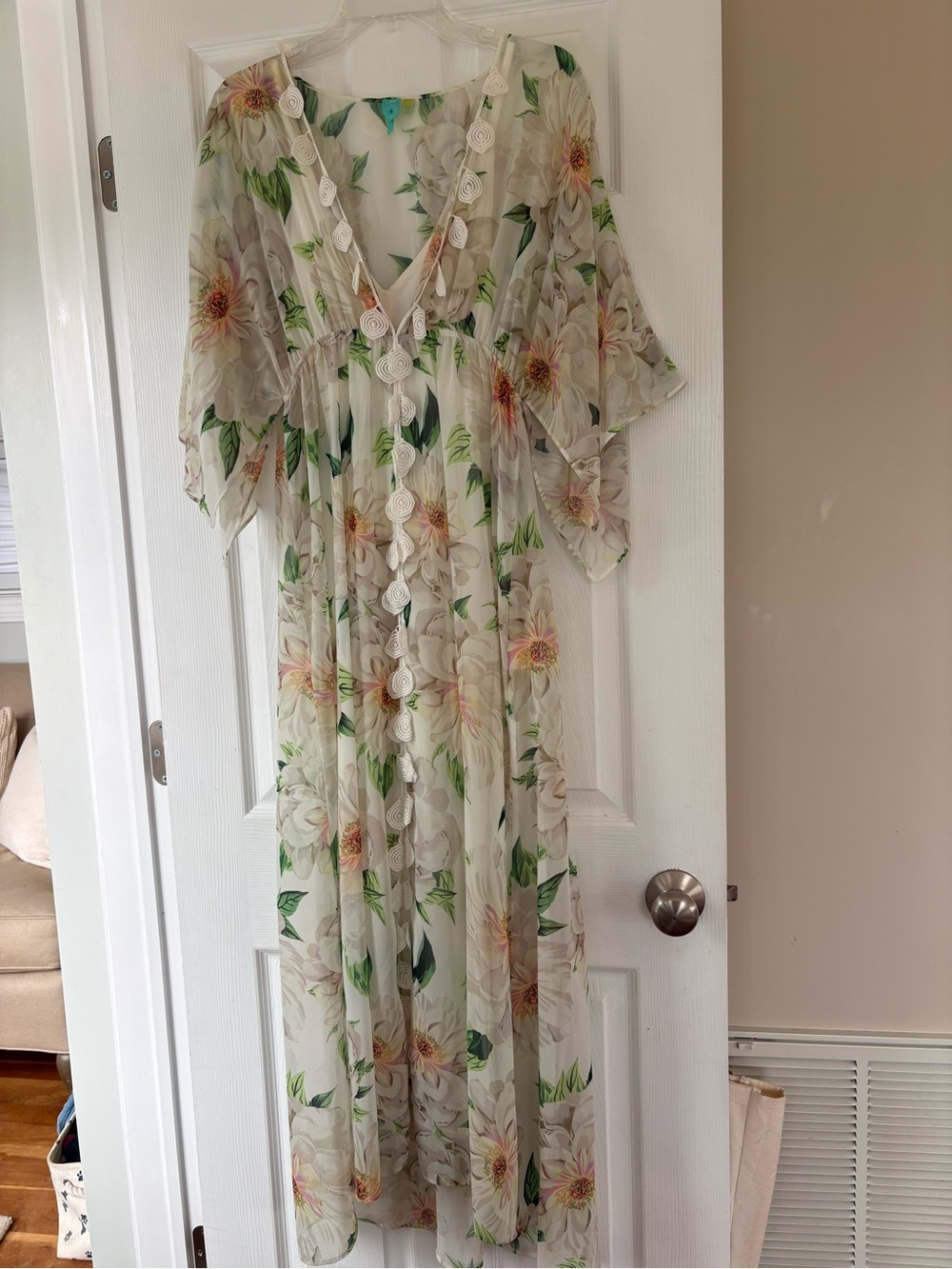 Farm by Anthropologie Sheer Floral Maxi Dress in Cream and Green size small